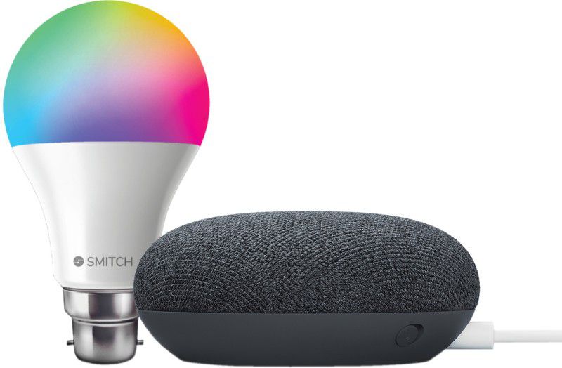 Google Nest Mini with Smitch WiFi RGB Smart Bulb 7W with Google Assistant Smart Speaker  (Charcoal)