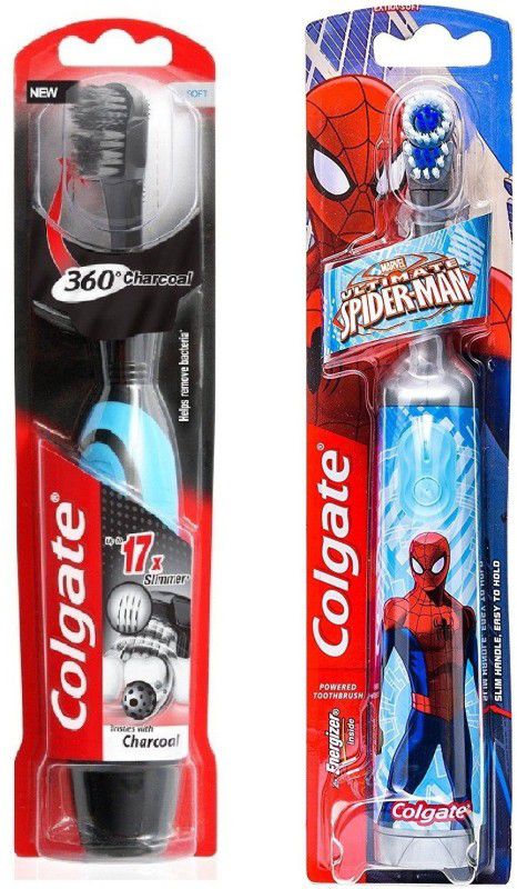 Colgate 360 Charcoal & Spiderman Battery Power Toothbrush for men & women and Kids Ultra Soft Toothbrush Ultra Soft Toothbrush Ultra Soft Toothbrush  (2 Toothbrushes)