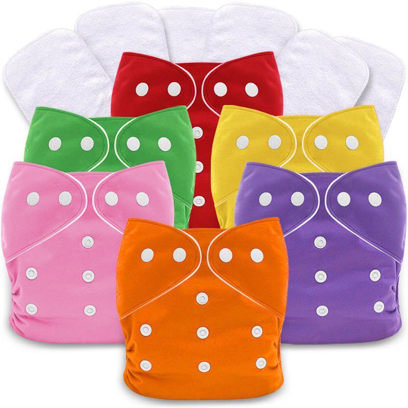 COMFOWEAR Washable And Re-usable Cloth Diapers,Adjustable Size (Multicolor 6 PC) With 6 White insert