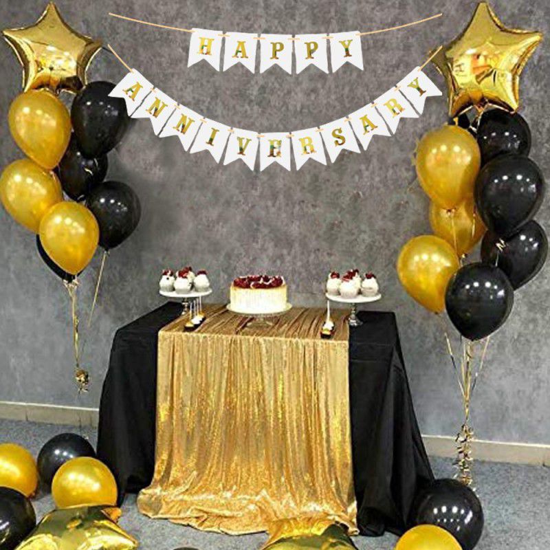 CherishX.com Black & Golden Happy Anniversary Decoration Kit - Pack of 26 Pcs - White Banner, Star Shape Foil & Metallic Balloons Wall Decoration  (Set of 26)