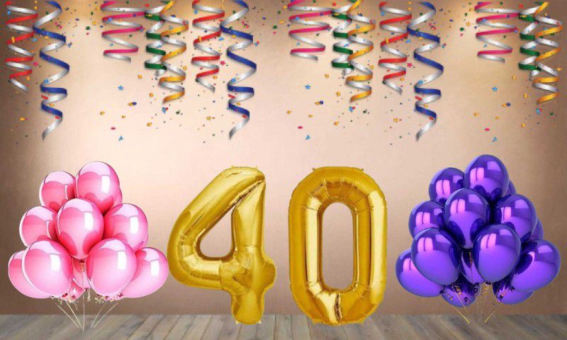 Balloonistics Gold Number 40 Foil Balloon and 25 Nos Pink Purple Metallic Shiny Latex Balloon  (Set of 1)