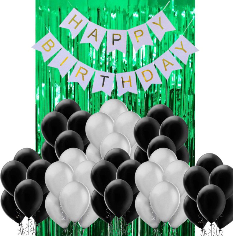 B4 Birthday Combo DIY Decoration Blue Happy Birthday Banner, 30 Metallic Black, Metallic Silver Decoration Balloons 1 Green Shiny Curtain  (Set of 32)