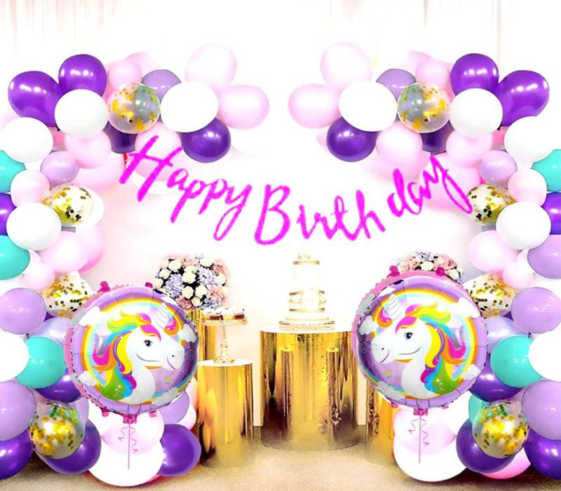 SV Traders Unicorn Theme Birthday Decoration Girls/Boys Total-65 Pcs-Pink Cursive Banner(13)+Round Unicorn(2)+Golden Confetti Balloon(5)+Metallic Balloons Purple 10+Pink 15+White 10+Mint10  (Set of 1)