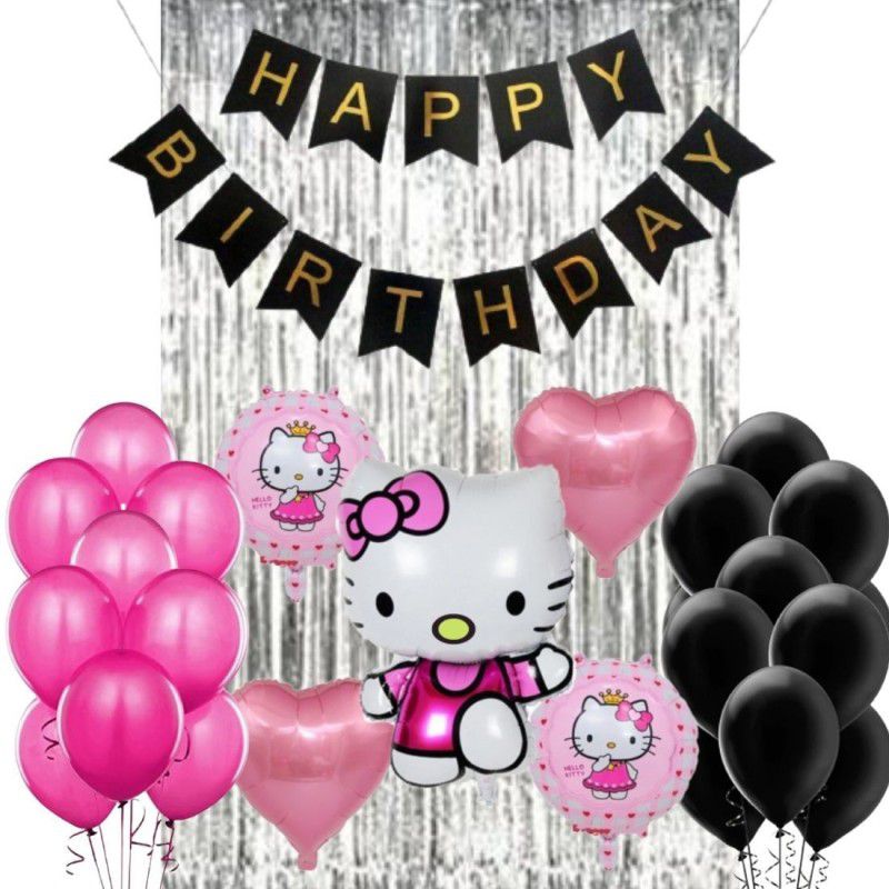 Wonder Hello Kitty Birthday Theme Decoration for kids Black Birthday Banner, Metallic Pink-Black Party Balloons, Silver Curtain 47 Pc  (Set of 47)