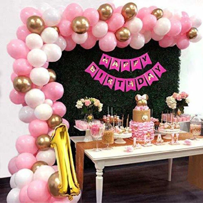 SV Traders 1st Birthday Pink /Princess /Barbie Decoration For Girl Total-66 Pcs-Pink Bunting Banner13+Pastel Balloons Pink20+White20+Golden10+Gold Foil 1No.16 Inch+Balloon Glue dots100+Balloon Garland Arch  (Set of 1)