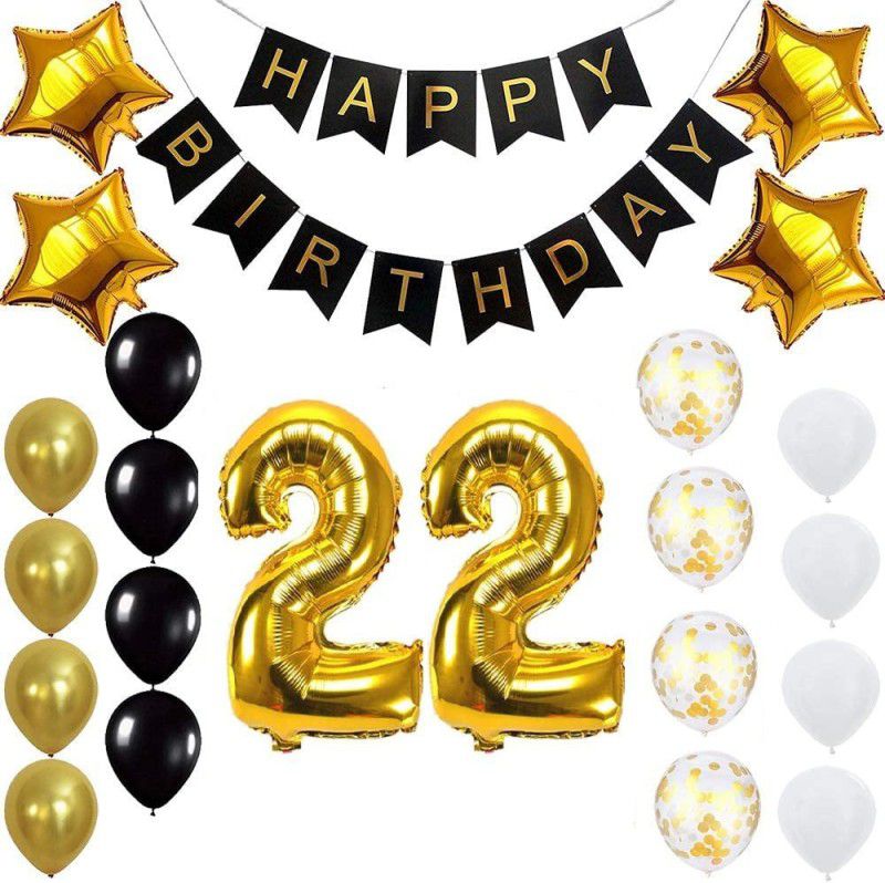 PopTheParty Gold 22nd Birthday Decoration Kit With Banner ,Star Latex and confetti Balloon  (Set of 23)