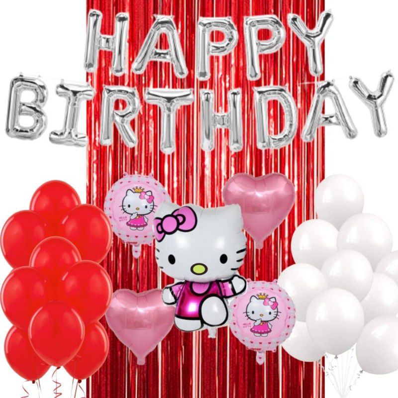 Wonder Hello Kitty Birthday Decoration Kit Silver 16inch foil HBD balloon, Red, White Balloons Red Foil Curtain 39 Pc  (Set of 39)
