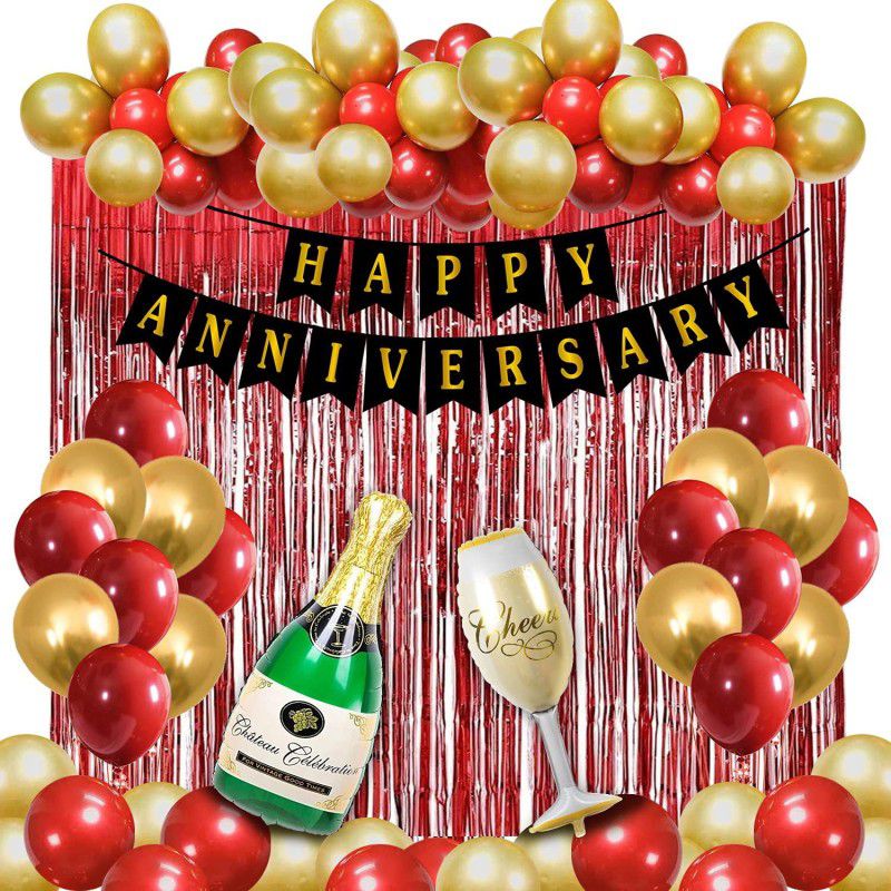 Party Propz Happy Anniversary Decoration Kit For Bedroom -46 Items Set - Banner, Red Foil Curtain, Balloons, Cheers & Champagne Foil Balloons - For wedding anniversary decoration items For Home - Husband Wife  (Set of 46)