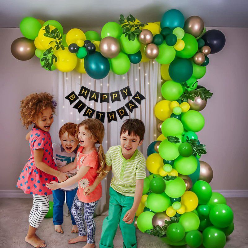 Fun and Flex Jungle/Green theme Birthday Decorations Kit with White Net Curtain and Led Light  (Set of 64)