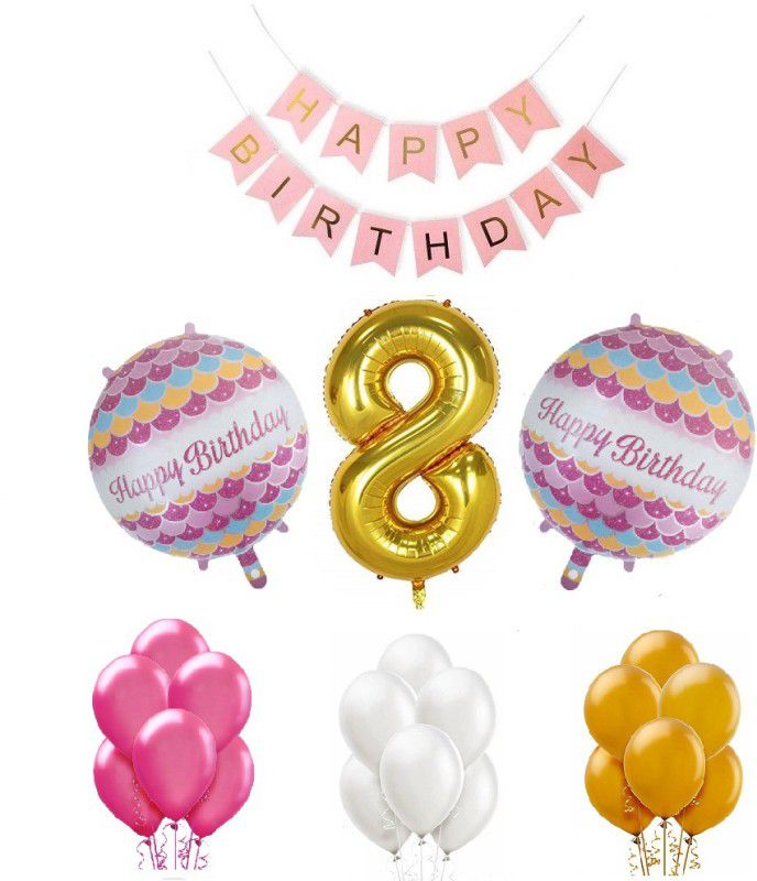 Tiank Innovation Combo for Birthday Party Decoration (Pink Happy Birthday Bunting Banner + 8 Number Gold Foil Balloon + 2 Round Foil Balloon + 50 Pcs Gold , Pink & White Metallic Balloon) (8 Number Combo)  (Set of 54)