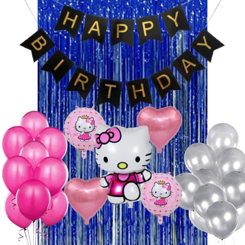 Wonder Hello Kitty Birthday Theme Decoration for kids Black Birthday Banner, Metallic Pink-Silver Party Balloons, Blue Curtain 47 Pc  (Set of 47)