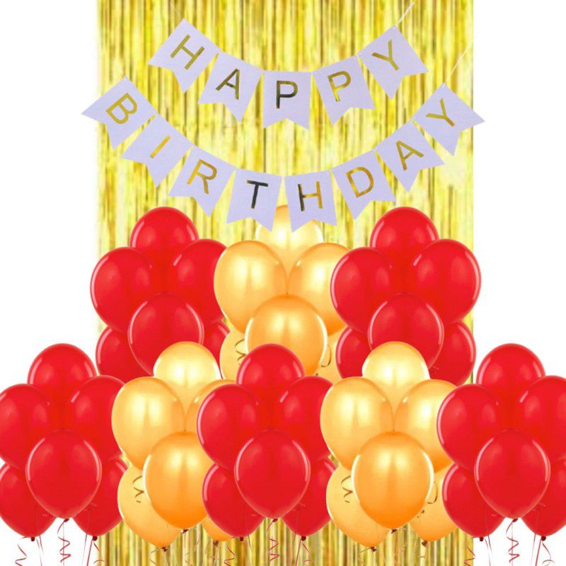 B4 Birthday Combo DIY Decoration Blue Happy Birthday Banner, 30 Red, Gold Decoration Balloons 1 Gold Shiny Curtain  (Set of 32)
