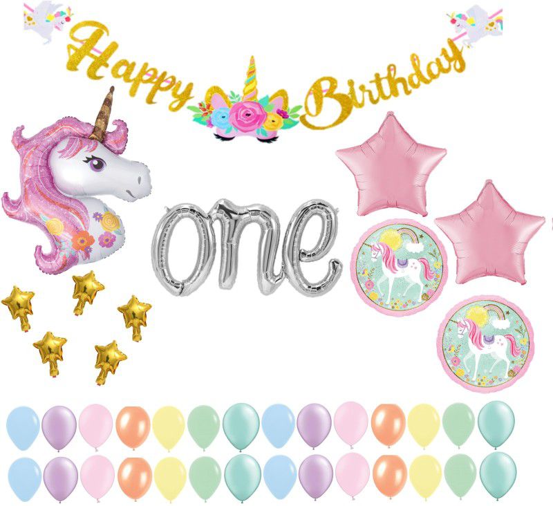 Bash N Splash 1st Happy Birthday Magical Unicorn Balloon star Pastel Balloon  (Set of 62)