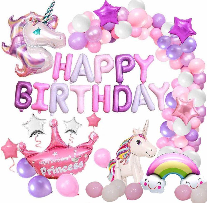 Party Propz Unicorn Birthday Decorations Balloons Combo Set 48pcs With Foil Letters Banners Baloon, 4d Unicorn, Latex Balloon Set For Girls Theme Decor or Celebration/Photoshoot ideas/1st Baby Bday  (Set of 48)
