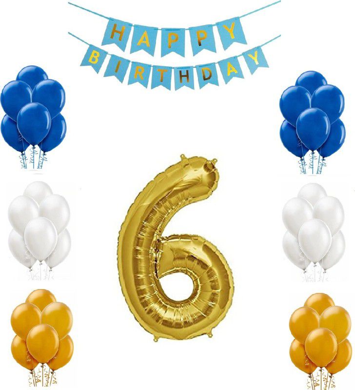 Balaji Combo For Birthday Party Decoration (Blue Happy Birthday Bunting Banner + 6 Number Gold Foil balloon + 50 pcs Blue,White & Gold Metallic balloon) (Pack of 52)  (Set of 52)