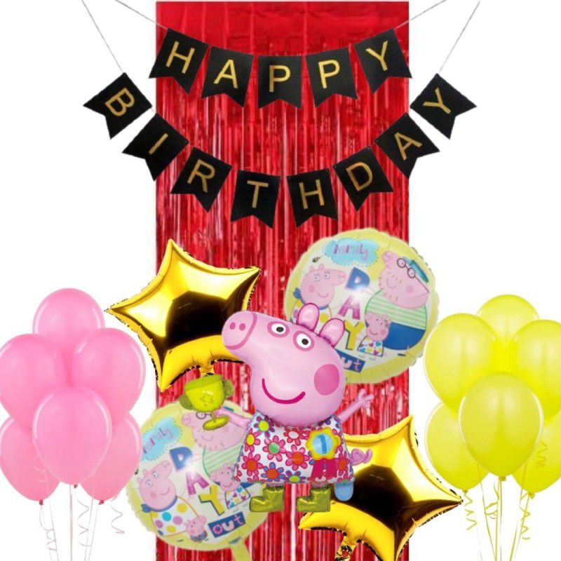 Wonder Peppa Pig Birthday Decoration 57 Pc Kit for Kids, Black HBD Banner, 50 Baby Pink Yellow Balloons,Red Shining Curtain  (Set of 57)