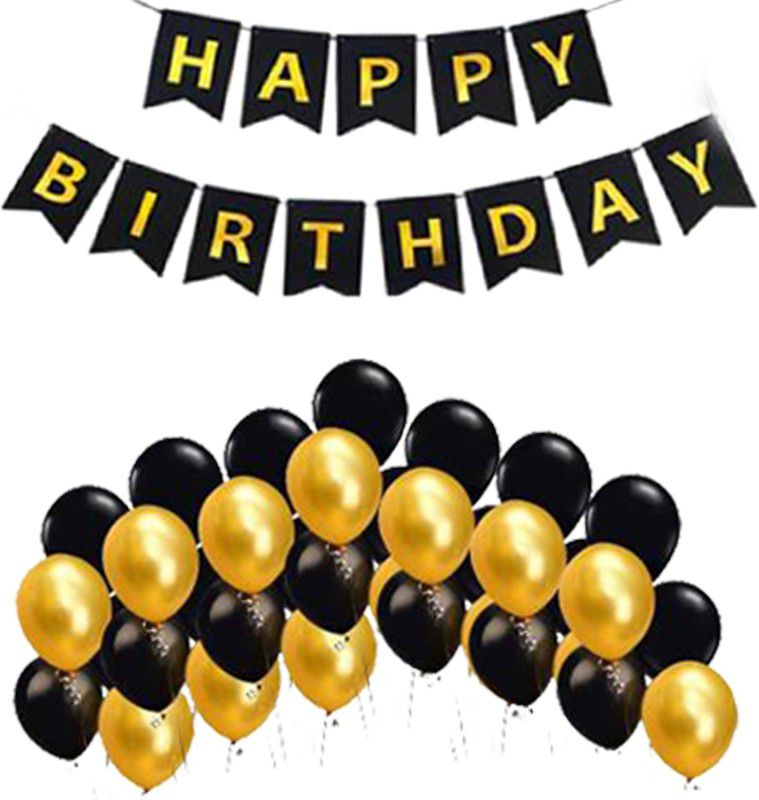AMFIN Black Happy Birthday Banner and Golden Black Balloons for Birthday Party Decorations - Pack of 21  (Set of 21)