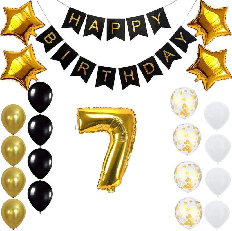 PopTheParty Gold 7th Birthday Decoration Kit With Banner ,Star Latex and confetti Balloon  (Set of 22)
