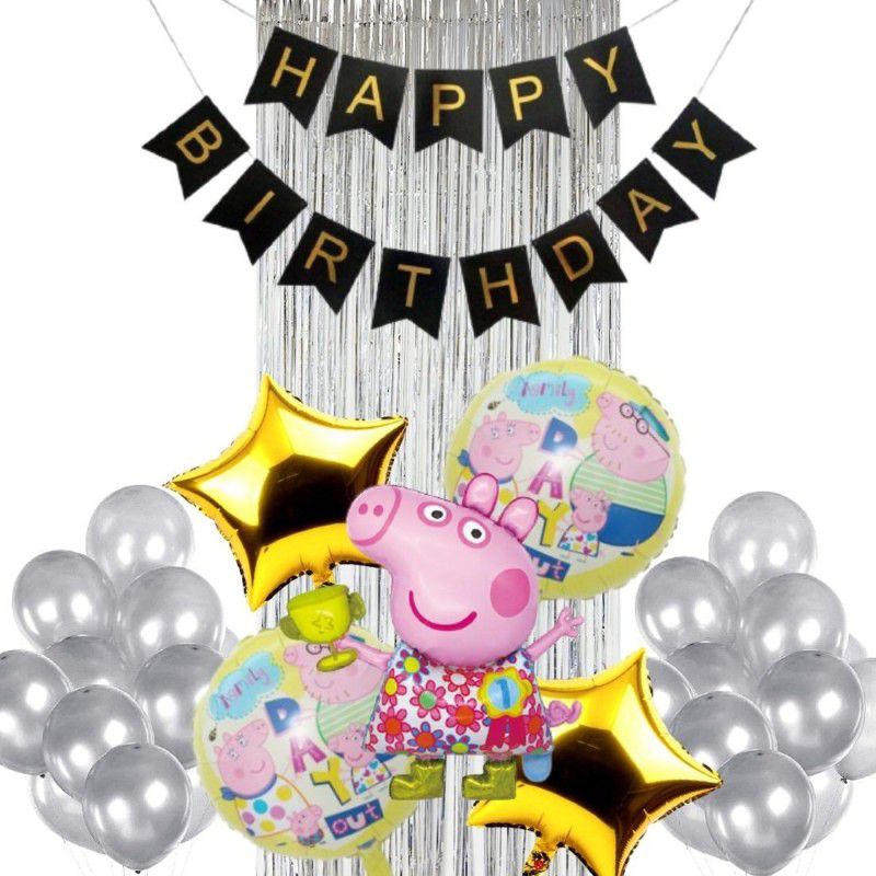 Wonder Peppa Pig Birthday Decoration 57 Pc Kit for Kids, Black HBD Banner, 50 Silver Balloons,Silver Shining Curtain  (Set of 57)