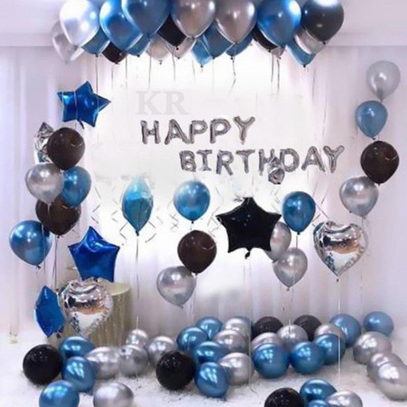 Party Hub Happy Birthday Silver Foil Balloon 60 Blue Black White Metallic Balloon For Decoration  (Set of 61)