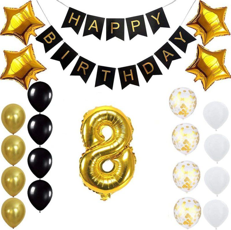 PopTheParty Gold 8th Birthday Decoration Kit With Banner ,Star Latex and confetti Balloon  (Set of 22)