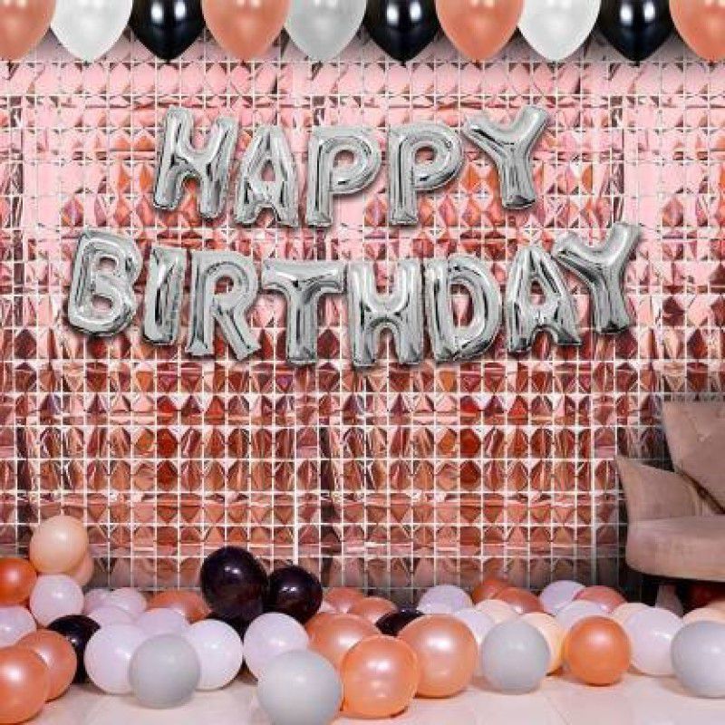 Shmaya rosegold birthday combo with Rose Gold Foil Curtain , (Set of 32)  (Set of 32)