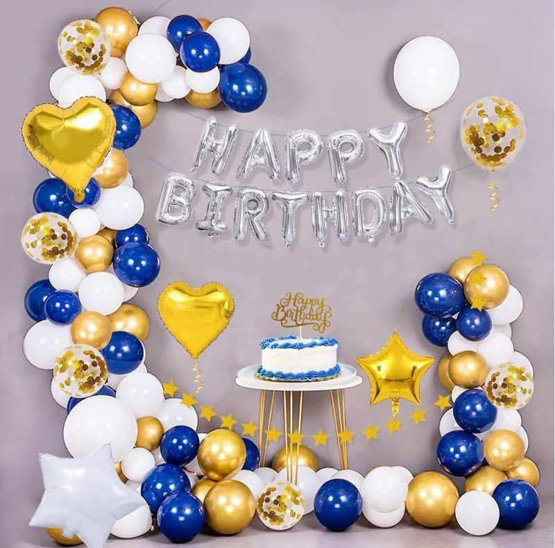 Anayatech Blue Happy Birthday Decoration Kit Combo 58pcs Combo Set Banner, Balloon, Metallic, Confetti, Heart and Star Foil And Glitter Cake Topper For Boys, Husband, Adult, 30th 40th 50th 60th Party Supplies  (Set of 58)