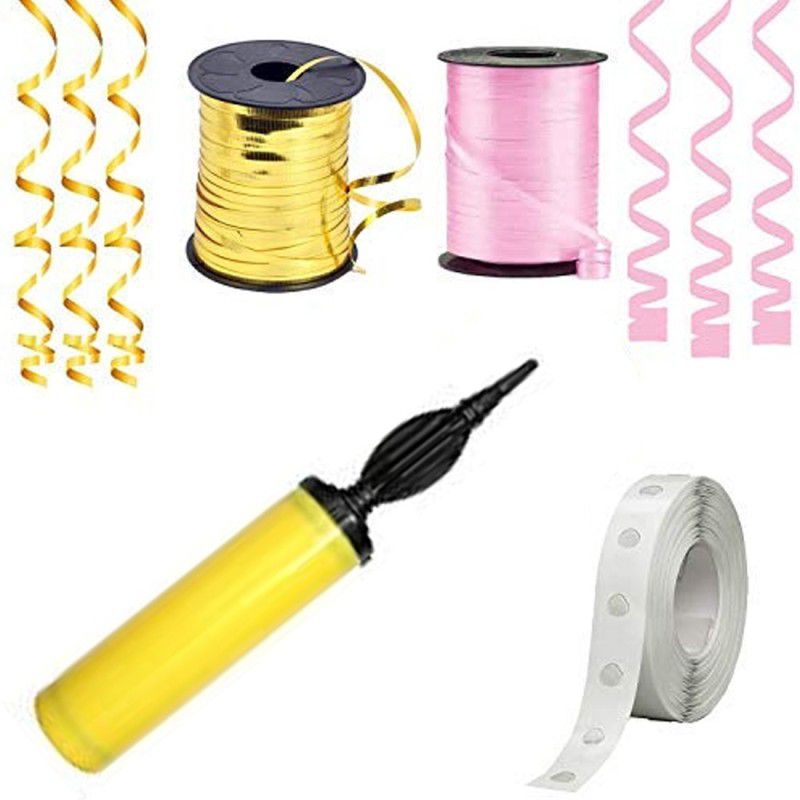 Party Propz 3-in-1 Balloon Pump Combo - 1 pc Premium Hand Balloon Inflating Air Pump , 2 pc Curling Ribbons Balloon Decoration Materials (90 MTS), 100 pc Balloon Glue Dot (3-in1 Combo Golden)  (Set of 4)