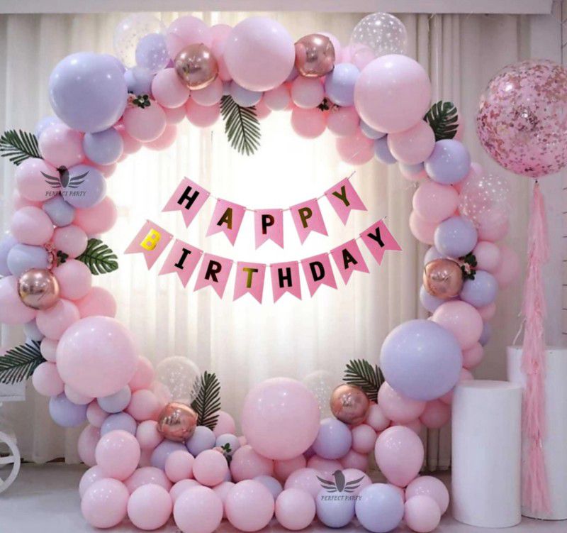 Alaina Happy Birthday Decoration Kit 55 Pcs Combo Pack - 1 Pc Happy Birthday Banner + 4 Pcs Confetti Balloons + 10 Pcs Rose Gold Chrome Balloons + 40 Pcs Pastel Balloons (Pink & Purple Color)  (Set of 55)
