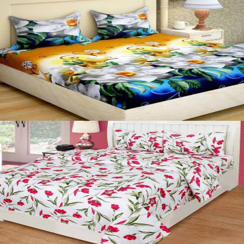 CRAFTWELL 144 TC Microfiber Double Floral Flat Bedsheet  (Pack of 2, Multicolor)