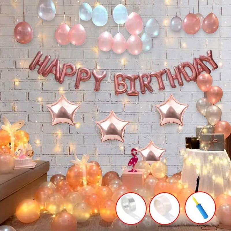 Party Propz Rose Gold Birthday Decoration Kit-78Pcs Star Foil Balloons With Happy Bday Ballons Banner Led Light And Hand Balloon Pump For Baby Girls, Boys, Women, Wife Theme Celebration Items  (Set of 78)