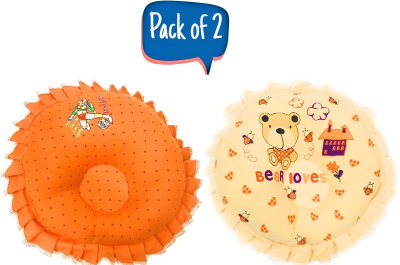 The Little Lookers Polyester Fibre Round & Frilled Baby Pillow Pack of 2  (Orange & Cream)