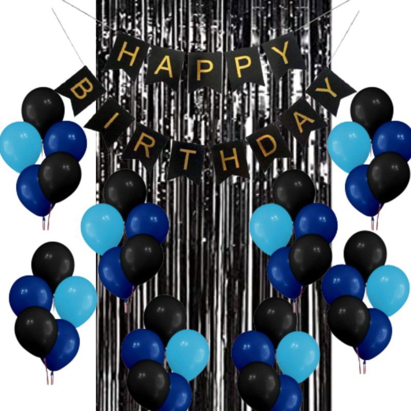 B4 Birthday Party Decoration Kit Black Happy Birthday Banner, 30 Blue, Light Blue, Black Decoration Balloons 1 Black Shining Fringe Curtain  (Set of 32)