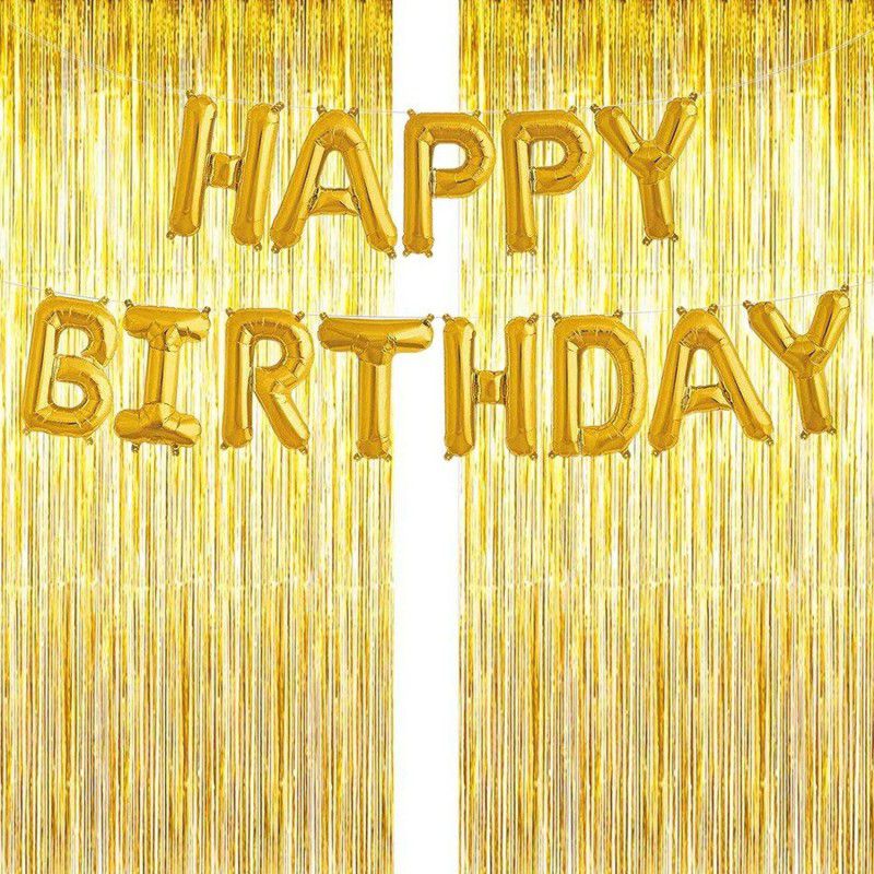 Party Propz 2Pcs Golden Foil Curtain with 1 Golden Happy Birthday Balloon for Birthday Decoration Items  (Set of 3)