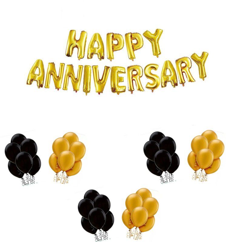 MoohH Happy Anniversary Letter Gold Foil Balloon Black and Gold balloon combo  (Set of 66)