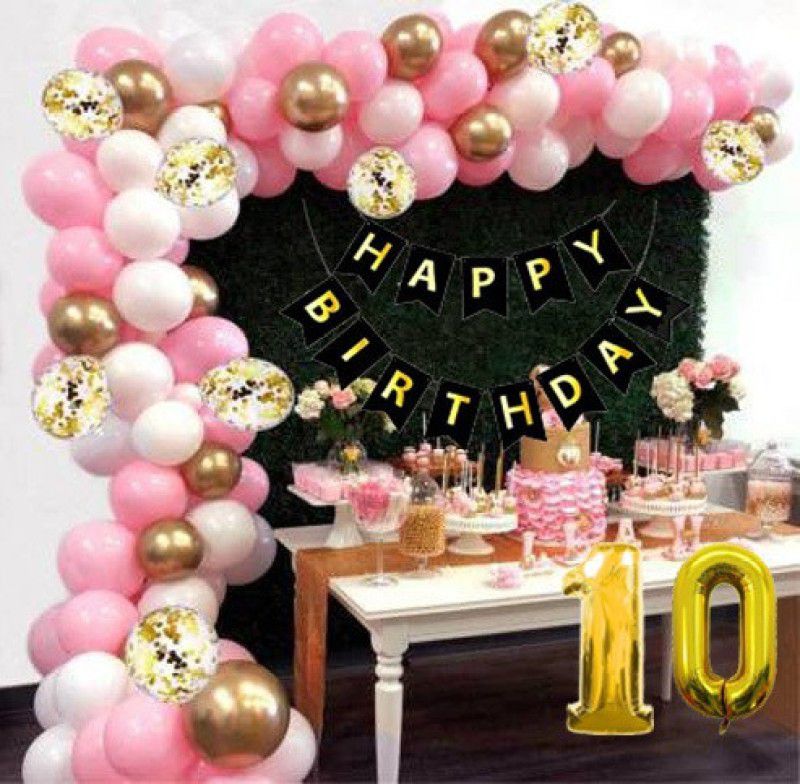 Nayugic Tenth Birthday Decoration Combo Black Banner Pink White Gold Balloon For Kids  (Set of 53)