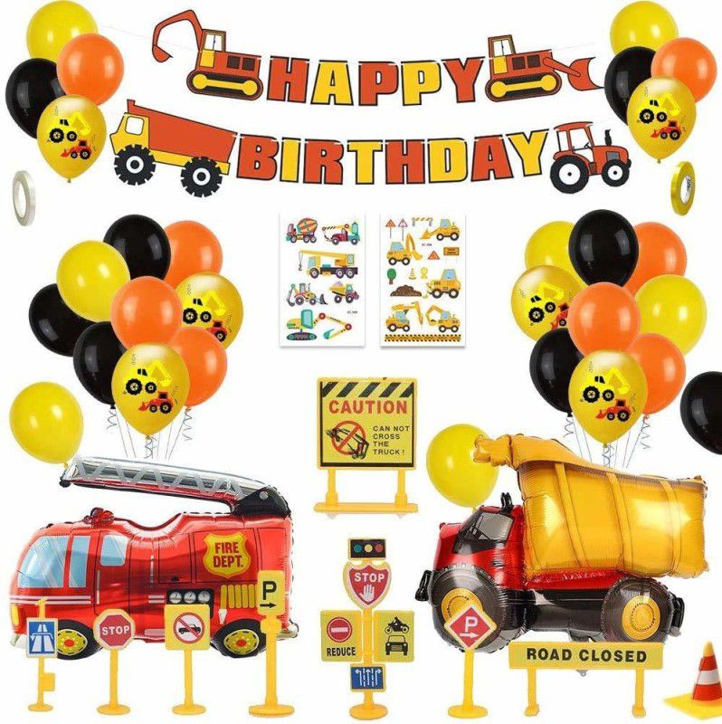 Party Propz 1st 2nd Birthday Party Decorations for Boy Happy Birthday Balloons Construction Birthday Party Supplies with Happy Birthday Banner Construction Vehicle Fire Truck Foil Balloon (44pcs)  (Set of 44)