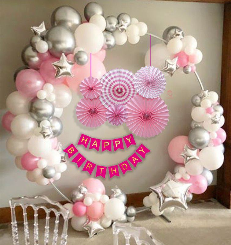 Hemito Pink White Balloon Banner with Paper Decoration Fan,Stars for girls Kids  (Set of 65)
