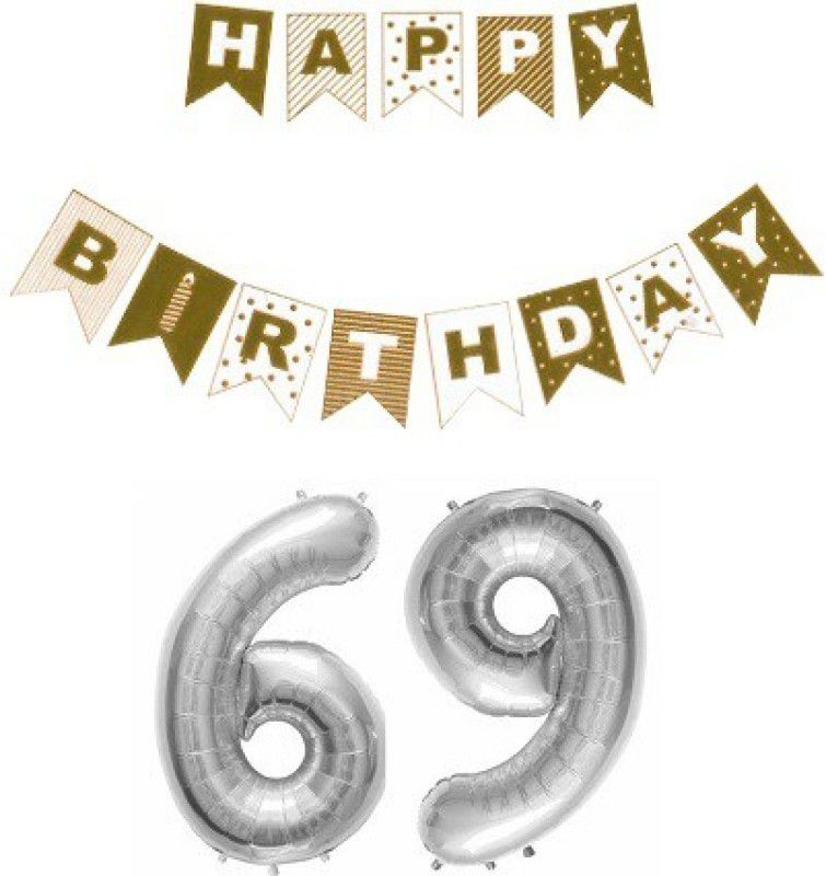 Uniqon Combo Of Silver Color Printed Happy B.Day Banner With Silver'69' Digit Balloon  (Set of 2)