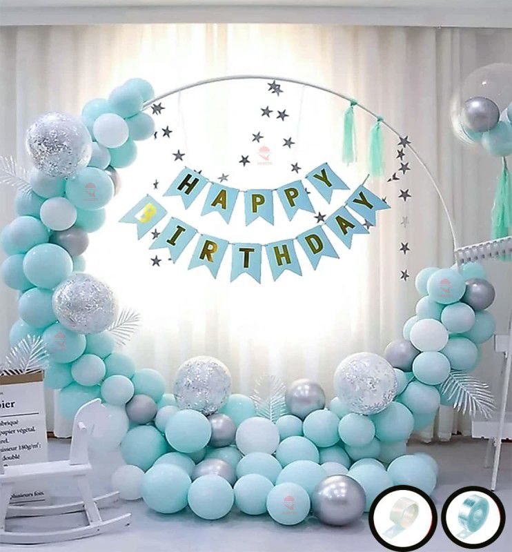 SOI Chrome Birthday Decoration Kit Mint Green Pastel And White Metallic Balloons  (Set of 47)