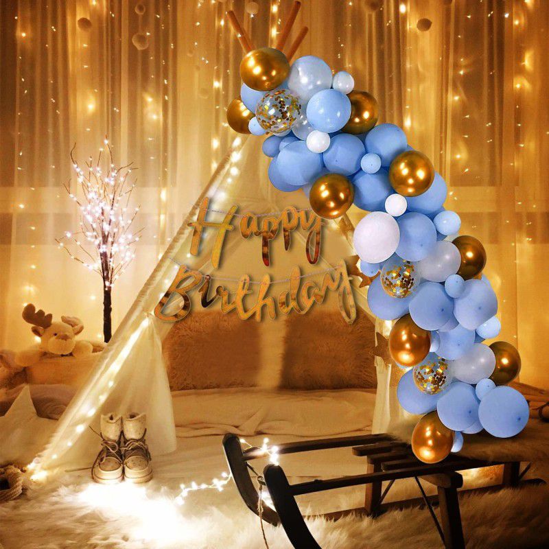party assets Decoration Items For Birthday With White Net, Led Fairy Lights And Balloons  (Set of 26)