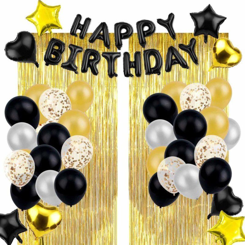 Wisdom Decor Solid Combo Kit-Black And Gold Confetti Balloons For Birthday, Golden Girls Party Decorations, Black And Gold Latex Balloons, Foil & Confetti Balloon, Foil Curtain For Party Decoration  (Set of 51)