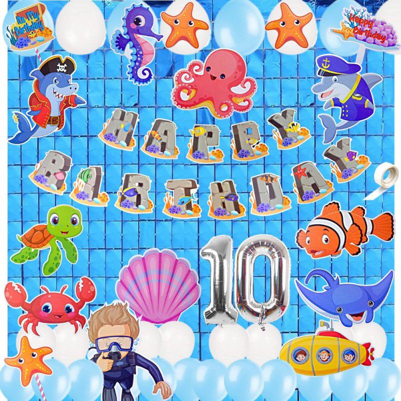 FLICK IN Happy 10th Birthday Decoration Marine Animals Cutouts Aqua Theme Birthday Decor  (Set of 53)