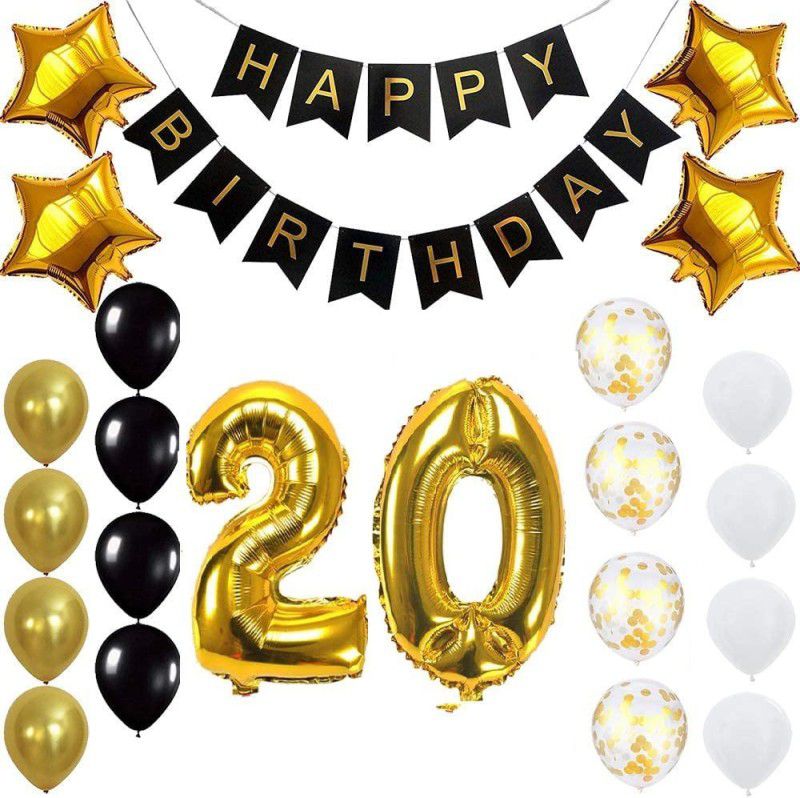 PopTheParty Gold 20th Birthday Decoration Kit With Banner ,Star Latex and confetti Balloon  (Set of 23)