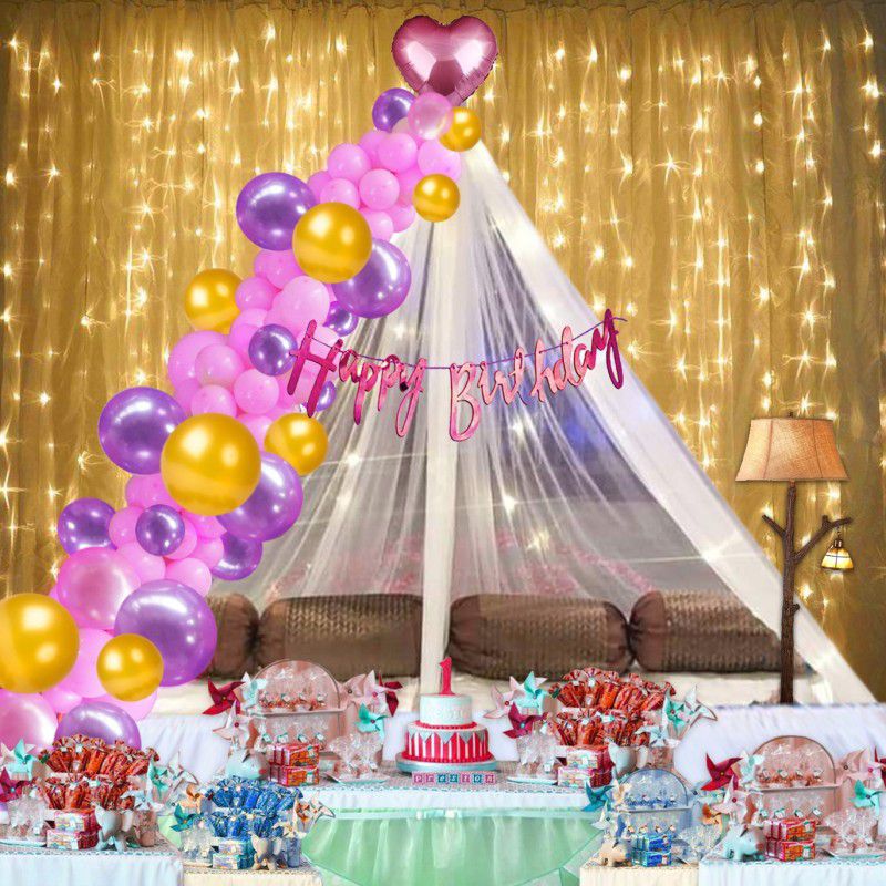 1iAM Cabana Tent Birthday Decoration Package White Net and Pink-Purple-Golden Balloon  (Set of 45)