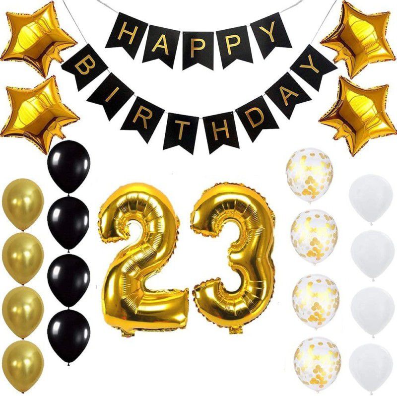 PopTheParty Gold 23rd Birthday Decoration Kit With Banner ,Star Latex and confetti Balloon  (Set of 23)