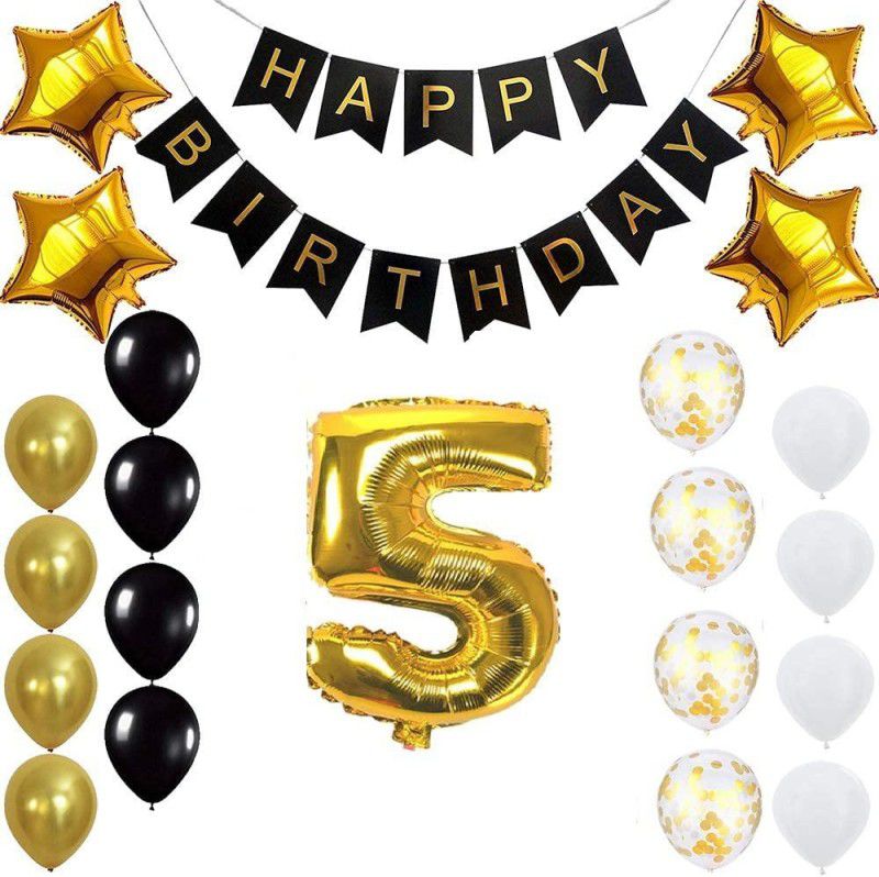 PopTheParty Gold 5th Birthday Decoration Kit With Banner ,Star Latex and confetti Balloon  (Set of 22)