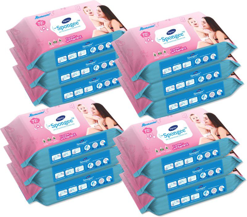 Dignity Spongee Baby Wet Wipes, 150 x 200 mm, 72 Wipes/Pack (White, Pack of 12, 864 Wipes)  (864 Wipes)