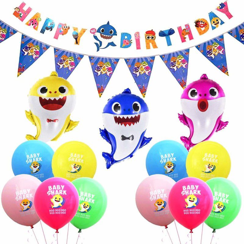 Party Propz Baby Shark Theme Decoration Kit for Kids Boys Girl Babies Toddlers Decorations Materials; Foil Balloons Happy Birthday Penant Banner Unique Items 15 Pcs  (Set of 15)