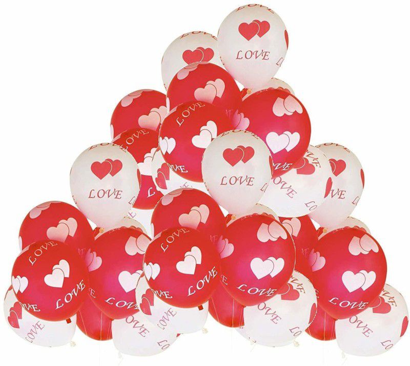 rdgadgets Love and Heart Printed Balloons RED and White for Anniversary  (Set of 50)